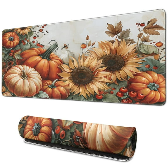 Happy Thanksgiving Fall Pumpkin Sunflower Large Gaming Mouse Pad Extended Mouse Pads with Stitched Edges, Non-Slip Base, Water Resist Keyboard Pad for Gamer, Office & Home, 31.5 X 11.8 in