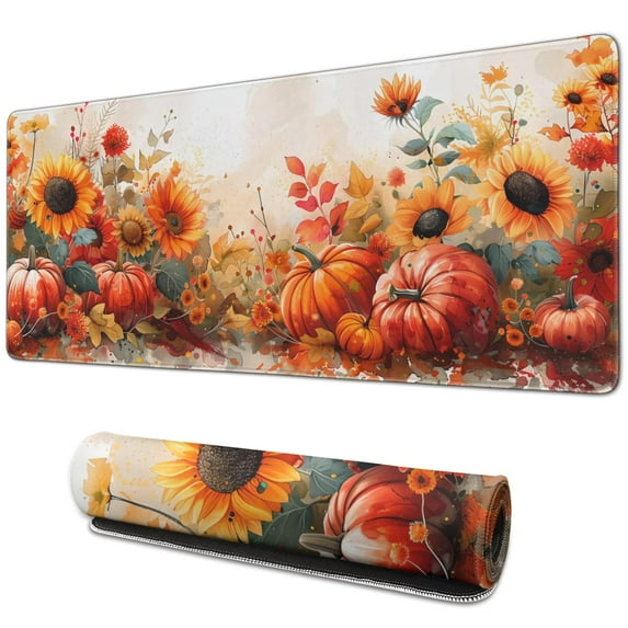 Happy Thanksgiving Fall Pumpkin Sunflower Large Gaming Mouse Pad Extended Mousepad Gaming with Stitched Edges, Non-Slip Base, Water Resist Keyboard Pad for Gamer, Office & Home, 31.5 X 11.8 in