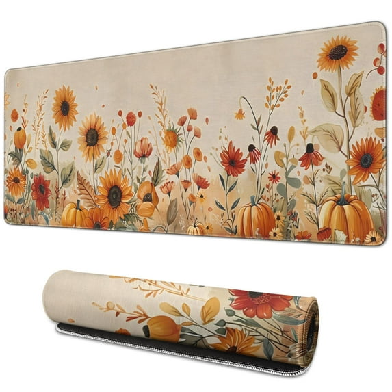 Happy Thanksgiving Fall Pumpkin Sunflower Large Gaming Mouse Pad Extended Mousepad Gaming with Stitched Edges, Non-Slip Base, Water Resist Keyboard Pad for Gamer, Office & Home, 31.5 X 11.8 in