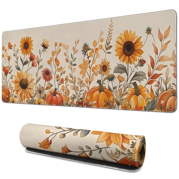 Happy Thanksgiving Fall Pumpkin Sunflower Large Gaming Mouse Pad Extended Mousepad Gaming with Stitched Edges, Non-Slip Base, Water Resist Keyboard Pad for Gamer, Office & Home, 31.5 X 11.8 in