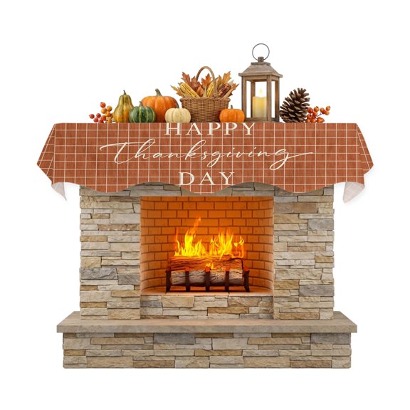 Happy Thanksgiving Fireplace Mantle Scarf Rustic Script Striped Background Terracotta Mantel Cover Runner Fireplace Cloth for Holiday Party Home Living Room Decor 60 x 17 Inch