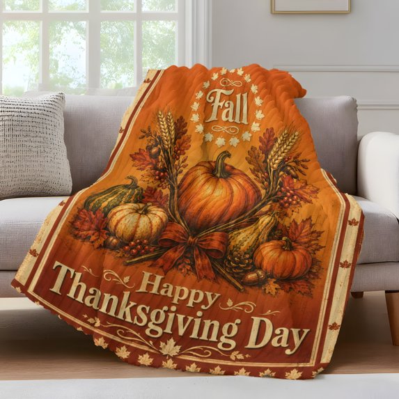 Happy Thanksgiving Fleece Throw Blanket for Couch, Fall Pumpkins Harvest Autumn Vintage Microfiber Flannel Blanket for All Season, Lightweight Soft Throw Blankets for Girls, Kids, Teens, 40"x60"