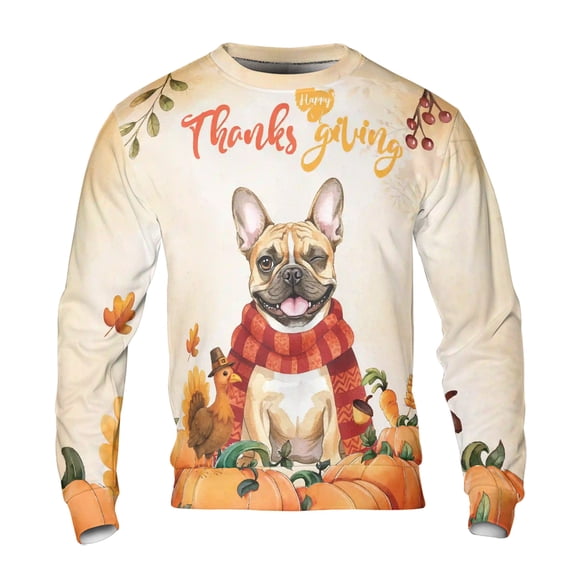 Happy Thanksgiving French Bulldog with Turkey Pumpkins Autumn Vibes All Over Print 3D Sweatshirt Unisex Merch Dog Lover Gifts - 12018
