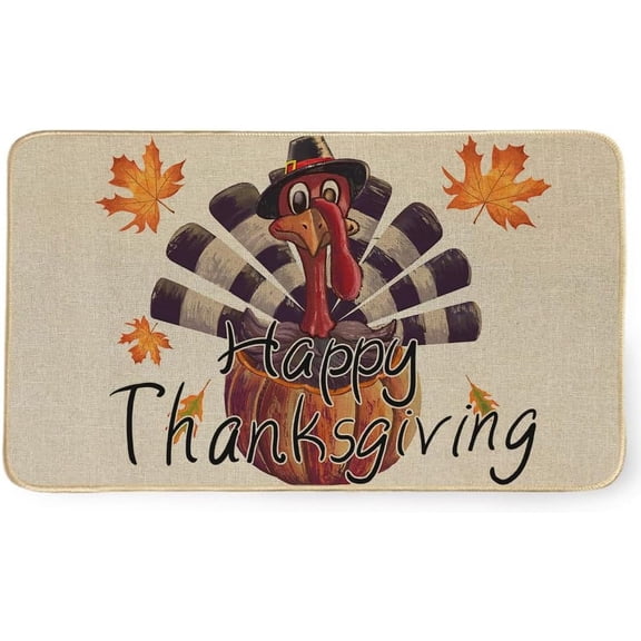 Happy Thanksgiving Front Door Mat Rug Outside Entrance Home, Fall Turkey Pumpkin Decoration Indoor Doormats, Autumn Rubber Non-Slip Colorful Floor Mat 17x30 Inch DM166