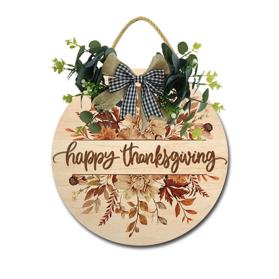 Happy Thanksgiving Front Door Sign Funny Wreaths Hanging Wooden Plaque Decoration Round Rustic Wood Farmhouse Porch Decor for Home Front Door Decor, 12 x 12 Inch