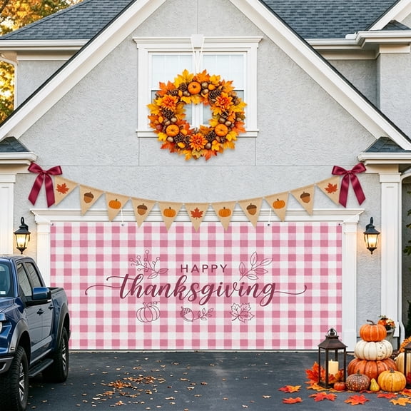 Happy Thanksgiving Garage Door Banner Covers, Pumpink Leaf Pink Plaid Gingham Background Large Hanging Indoor/Outdoor Backdrop Background for Christmas Winter Party Decor, 6.9x16ft