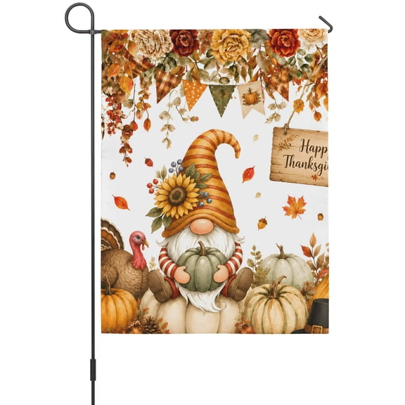 Happy Thanksgiving Garden Flag 12 x 18 Inches, Fall Garden Gnome Turkey Amber Pumpkin Leaf Weather Proof Outdoor Patio Flags Double Sided Small Garden Decoration for Yard Outside Home