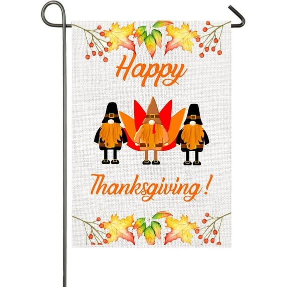 Happy Thanksgiving Garden Flag 12x18 Inch Double Sided Decorative Pilgrim Turkey Gnomes Fall Garden Flag Autumn Harvest Maple Leaf Outdoor Fall Decor Thanksgiving Decorations