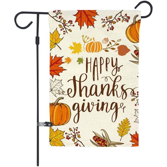 Happy Thanksgiving Garden Flag,Fall Maple Leaf Leaves Pumpkin Farm Harvest,Double Sided Burlap Decorative House Flags for Home Lawn Yard Indoor Outdoor Decor,12 x 18 Inch