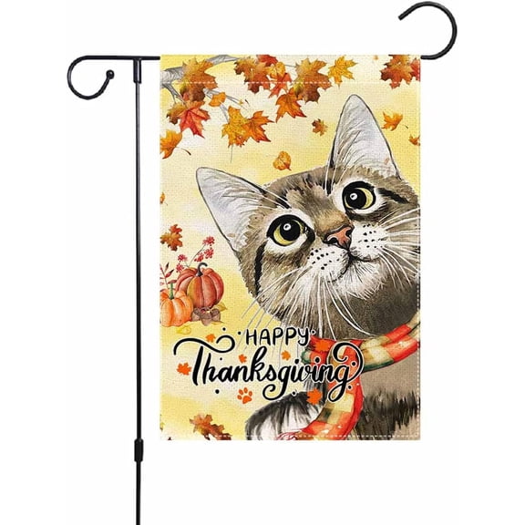 Happy Thanksgiving Garden Flags 12x18 Inch Double Sided Cat Fall Pumpkin Yard Flag Vertical Burlap Buffalo Plaid Yard Flag for Outdoor,seasonal Decor for Seasonal Autumn Farmhouse Outside Holiday