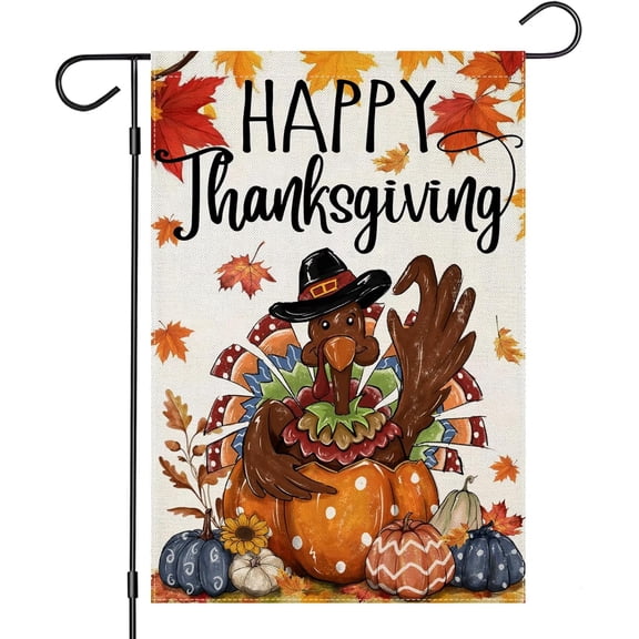 Happy Thanksgiving Garden Flags for Outside, Fall Turkey with Pumpkins Small Seasonal Decor for Harvest Autumn Holiday Yard Outside Outdoor 12x18 Inch Double Sided