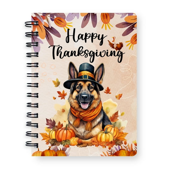 Happy Thanksgiving German Shepherd Welcome Thankful Fall Autumn Pumpkin Spiral Bound Journal Alsatian Dog Lover Gifts 5x7in Spiral Notebook - 02021