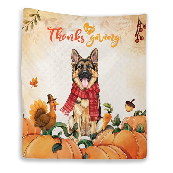 Happy Thanksgiving German Shepherd with Turkey Pumpkins Autumn Vibes Quilt Blanket Alsatian Dog Lover Gifts Cozy Comforter Throw Blanket - 12018