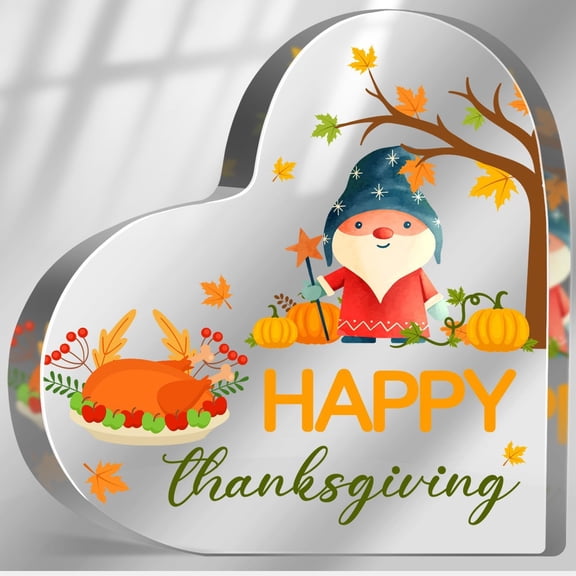 Happy Thanksgiving Gifts for Women Men, Fall Decorations Sign for Home Office, Autumn Acrylic Heart Shaped Plaque, Pumpkin Gnomes Keepsake Ornaments for Table Shelf