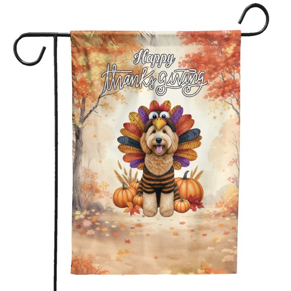 Happy Thanksgiving Goldendoodle Turkey Costume Pumpkins Autumn Leaves Garden Flag 12x18in Double Sided Doodle Dog Lover Gifts Idea Outdoor Decor - 13014