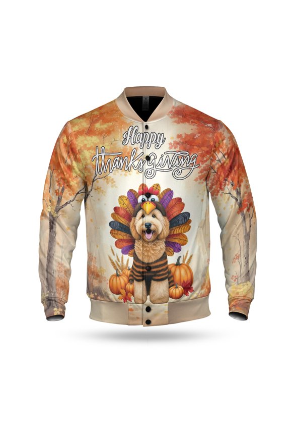 Happy Thanksgiving Goldendoodle Turkey Costume Pumpkins Autumn Leaves All Over Print 3D Baseball Jacket Doodle Dog Lover Gifts Idea Bomber Jacket Softball - 13014