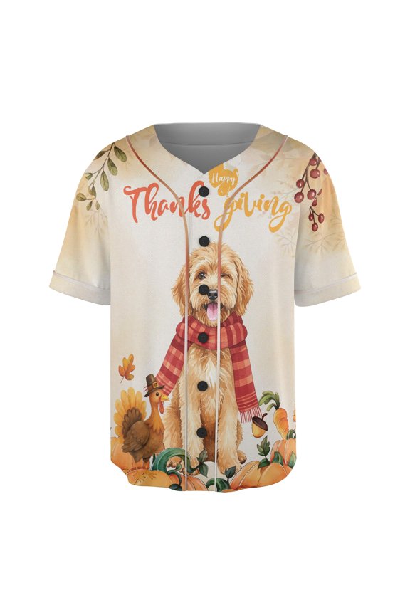 Happy Thanksgiving Goldendoodle with Turkey Pumpkins Autumn Vibes All Over Print 3D Baseball Shirt Doodle Dog Lover Gifts Idea Softball Sport - 12018
