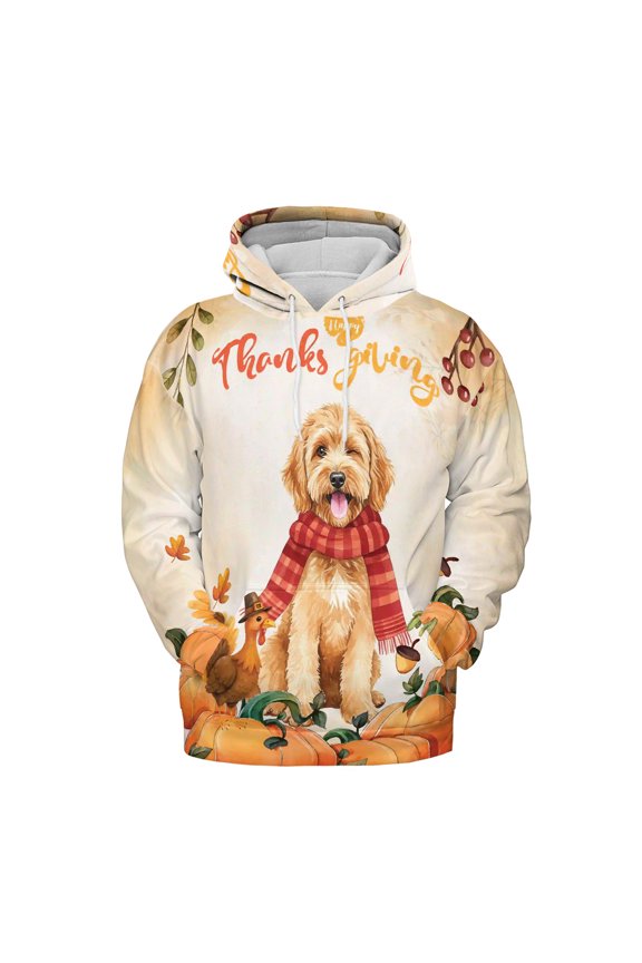 Happy Thanksgiving Goldendoodle with Turkey Pumpkins Autumn Vibes All Over Print 3D Hoodie Unisex Merch Hoodies Doodle Dog Lover Gifts Idea - 12018