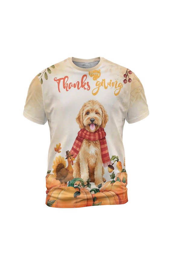 Happy Thanksgiving Goldendoodle with Turkey Pumpkins Autumn Vibes All Over Print 3D Shirt Unisex Merch Doodle Dog Lover Gifts Idea - 12018