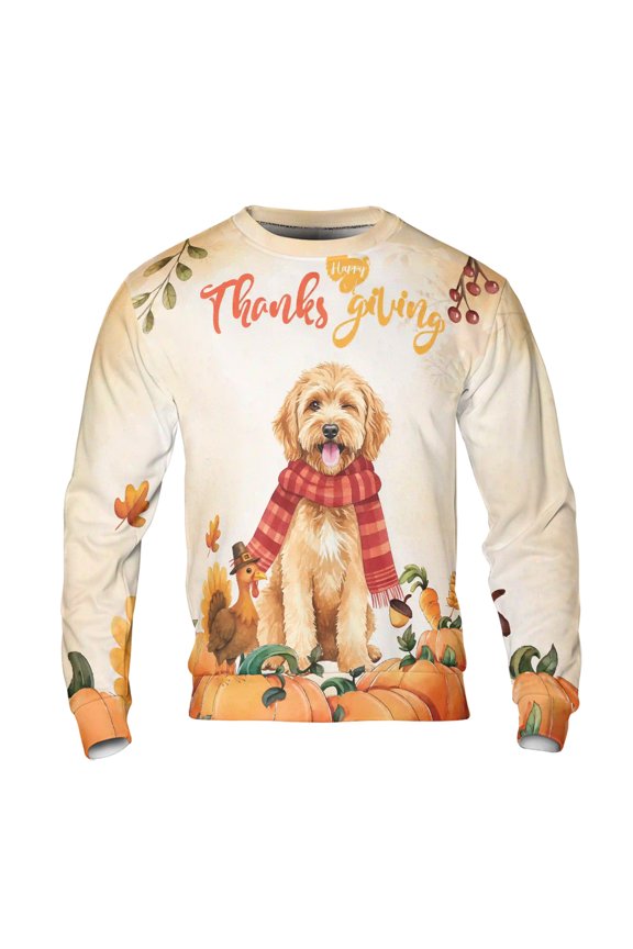 Happy Thanksgiving Goldendoodle with Turkey Pumpkins Autumn Vibes All Over Print 3D Sweatshirt Unisex Merch Doodle Dog Lover Gifts Idea - 12018