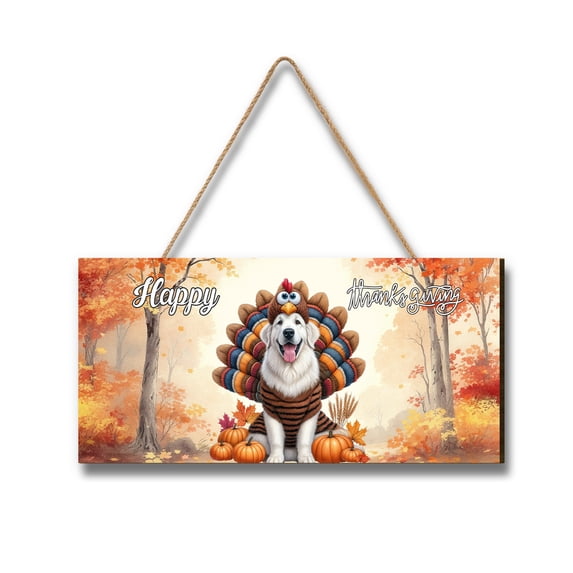 Happy Thanksgiving Great Pyrenees Turkey Costume Pumpkins Autumn Leaves Landscape Wood Sign Pyr Dog Lover Hanging Wall Home Decor - 130144