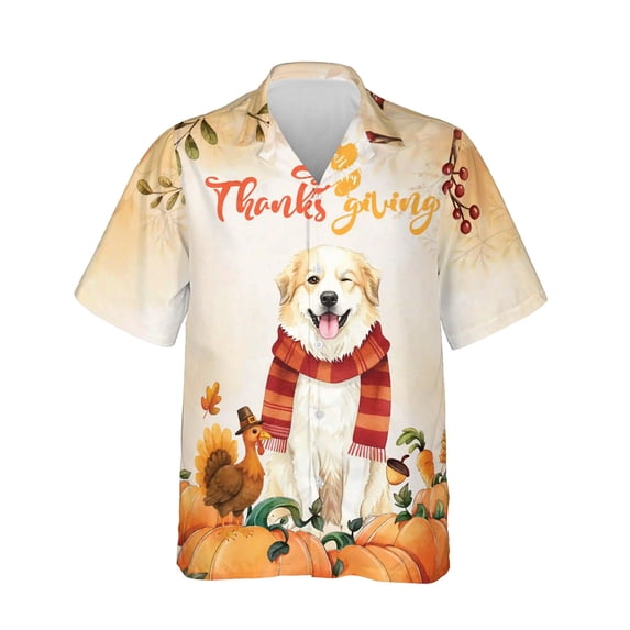 Happy Thanksgiving Great Pyrenees with Turkey Pumpkins Autumn Vibes Hawaiian Shirt Breathable Summer Unisex Merch Pyr Dog Lover - 12018