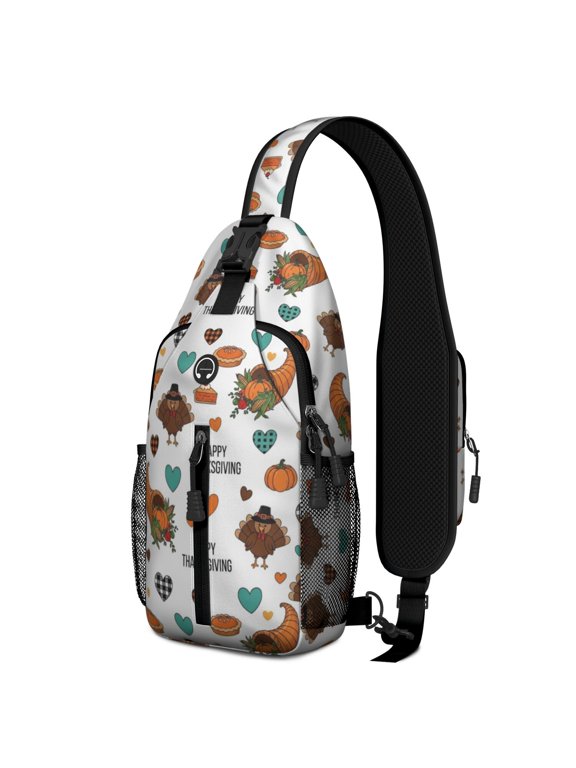 Happy Thanksgiving Heart Cornucopia Sling Backpack, Cycling Sling Bag with Earphone Port, Adjustable Strap Gift Ideas for Holiday Birthday Gifts