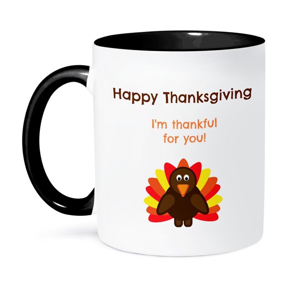 3dRose, Happy Thanksgiving Im thankful for you with a picture of a cute turkey, 15oz Two-Tone Black Mug