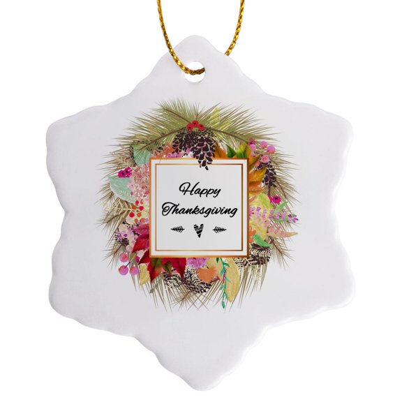 3drose, Happy Thanksgiving in Autumnal Wreath Autumn Leaves Fall Season Heart, 3 inch Snowflake Porcelain Ornament