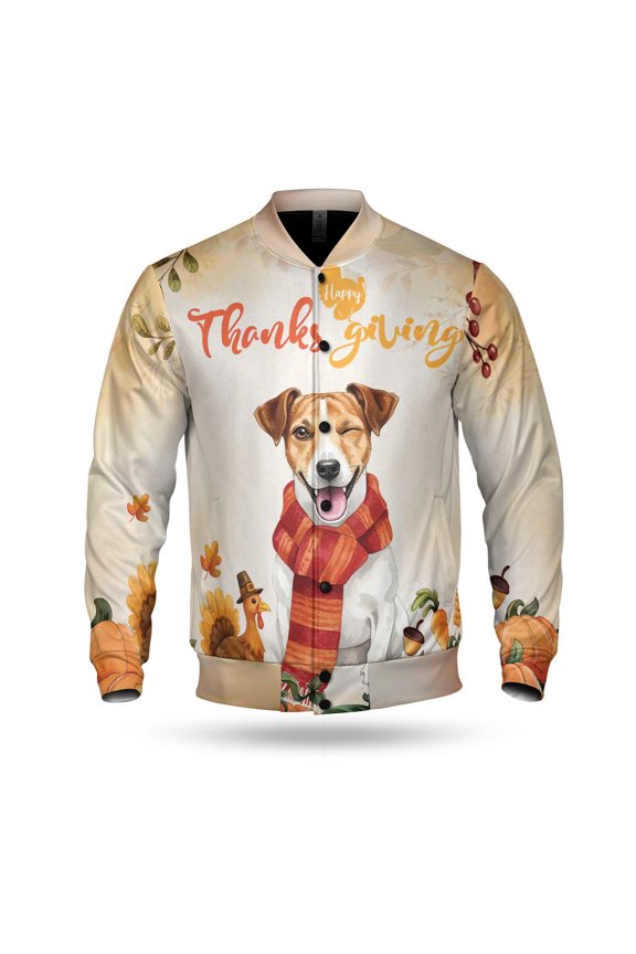 Happy Thanksgiving Jack Russell Terrier with Turkey Pumpkins Autumn Vibes All Over Print 3D Baseball Jacket Parson Jack Dog Lover Bomber Jacket Softball - 12018