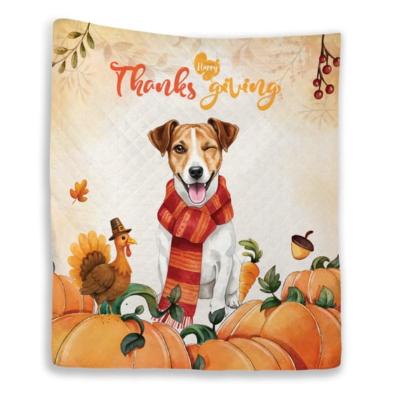 Happy Thanksgiving Jack Russell Terrier with Turkey Pumpkins Autumn Vibes Quilt Blanket Parson Jack Dog Lover Cozy Comforter Throw Blanket - 12018