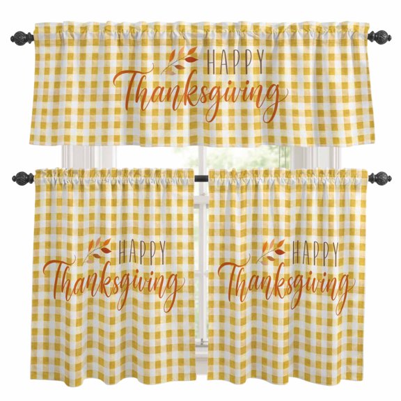 Happy Thanksgiving Kitchen Curtains Valances 3 Piece Set, Amber Orange Plaid Backdrop Rustic Rod Pocket Tier Curtain and Valance Drapes for Small Window 36 Inch Length for Bedroom Cafe