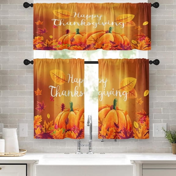 Happy Thanksgiving Kitchen Curtains Window Curtains Valance and Tier Set 36 Inch, Orange Pumpkins Fall Maple Leaves Rod Pocket Short Tier Curtain for Room, Autumn Small Cafe Kitchen Decor