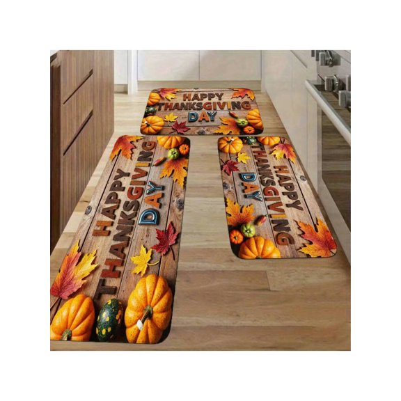 Happy Thanksgiving Kitchen Mat Set - White Wooden Background with Pumpkins & Autumn Leaves Pattern