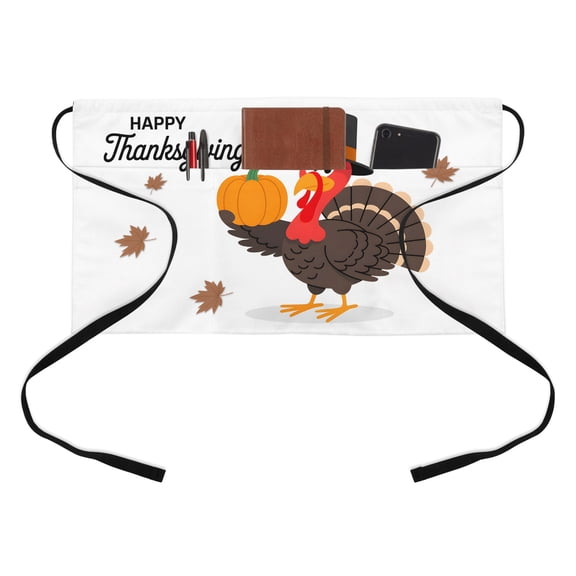 Happy Thanksgiving Kitchen Restaurant Half Waist Apron, Cartoon Turkey Hold Pumpkin Maple Leaf Server Short Apron with 3 Pockets Waterproof Oil Waist Aprons for Women Waitress Waiter