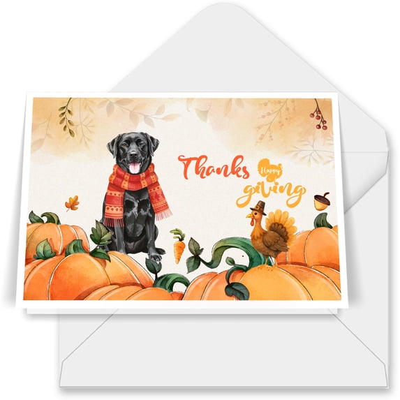 Happy Thanksgiving Labrador Retriever with Turkey Pumpkins Autumn Vibes 7x5in Folded Greeting Card Lab Dog Lover Gifts Single Note Card with Envelope - 12018