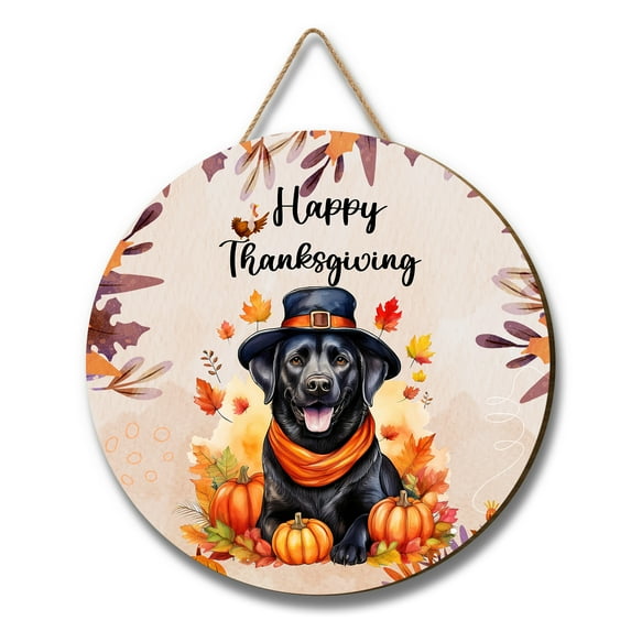 Happy Thanksgiving Labrador Retriever Welcome Thankful Fall Autumn Pumpkin Round Wood Sign Lab Dog Lover Gifts Hanging Wall Home Decor - 02021