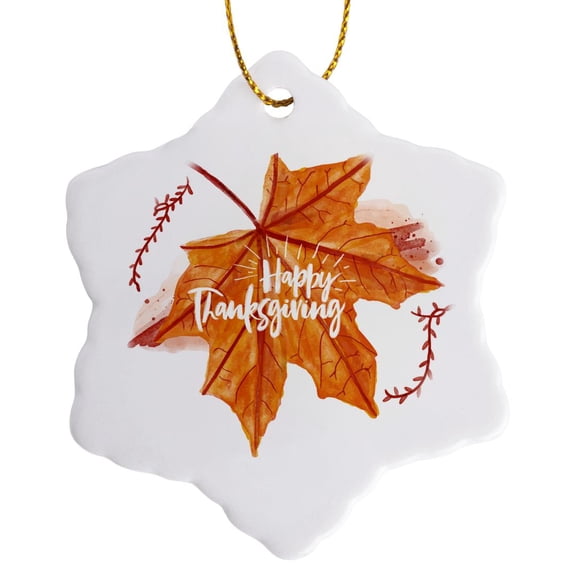 3drose, Happy Thanksgiving Lovely Orange Leaf with Text, 3 inch Snowflake Porcelain Ornament