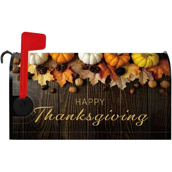 Happy Thanksgiving Mailbox Cover Brown Wooden Board Autumn Pumpkin Fall Maples Farm Magnetic Mailbox Covers Standard Size 21x25.5 Inch Rustic Mail Box Post Letter Cover for Farmhouse Garden