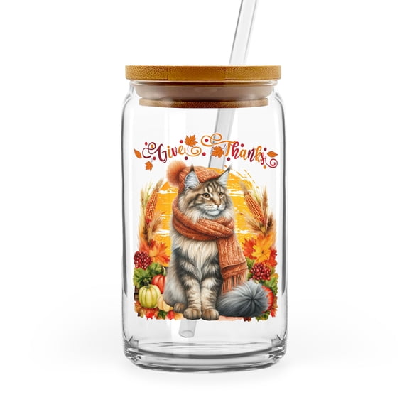 Happy Thanksgiving Maine Coon Give Thanks Fall Beanie Scarf Welcome 16oz Glass Cup Mug Cat Lover Kitten Owner Gifts Glass Can with Bamboo Lid and Straw - 00020