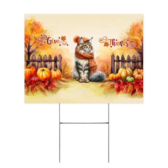 Happy Thanksgiving Maine Coon Give Thanks Fall Beanie Scarf Welcome Yard Sign Cat Lover Kitten Owner Gifts Outdoor Home Lawn Garden Porch Decor - 00020