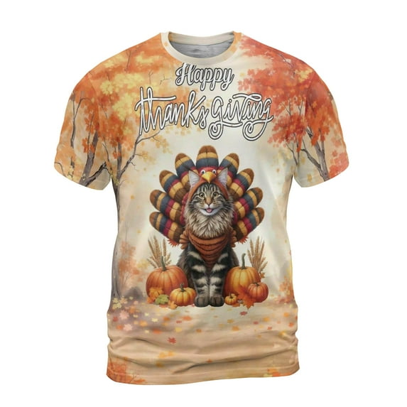 Happy Thanksgiving Maine Coon Turkey Costume Pumpkins Autumn Leaves All Over Print 3D Shirt Unisex Merch Cat Lover Kitten Owner Gifts - 13014