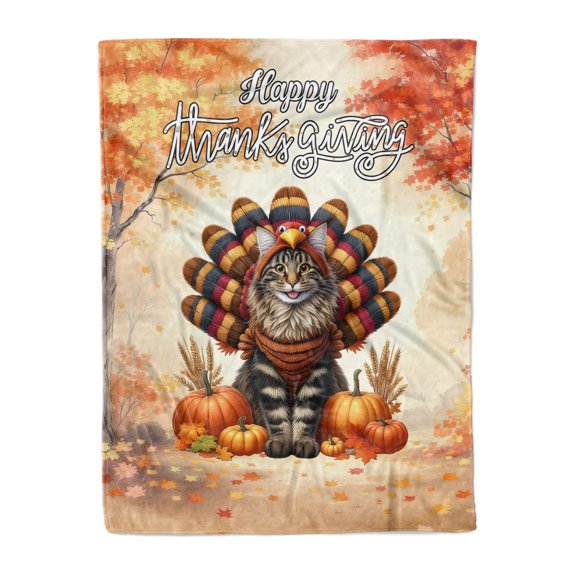Happy Thanksgiving Maine Coon Turkey Costume Pumpkins Autumn Leaves Cozy Fleece Blanket Cat Lover Kitten Owner Gifts Warm Soft Throw Blanket - 130144