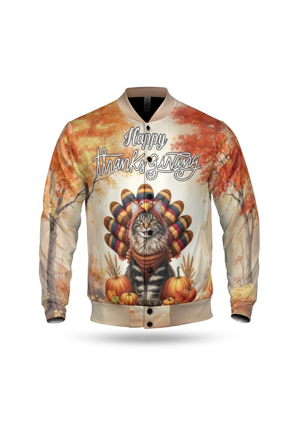 Happy Thanksgiving Maine Coon Turkey Costume Pumpkins Autumn Leaves All Over Print 3D Baseball Jacket Cat Lover Kitten Owner Gifts Bomber Jacket Softball - 13014