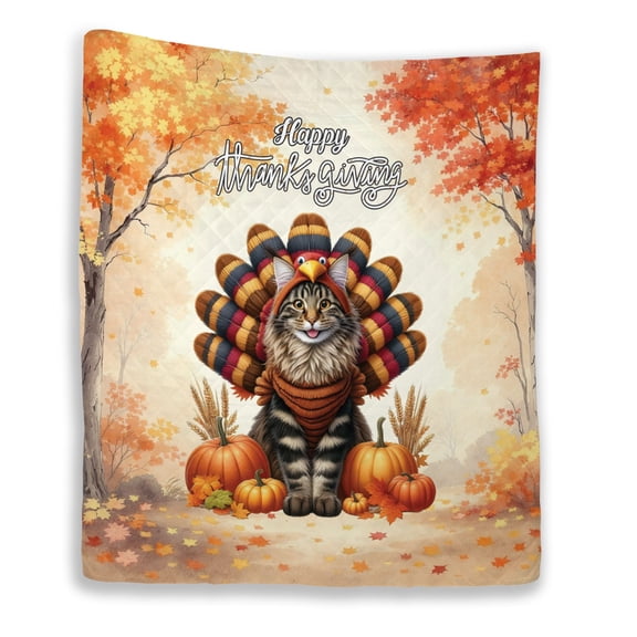 Happy Thanksgiving Maine Coon Turkey Costume Pumpkins Autumn Leaves Quilt Blanket Cat Lover Kitten Owner Gifts Cozy Comforter Throw Blanket - 130144