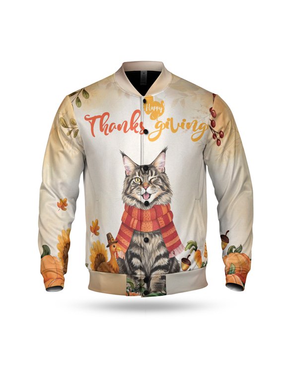 Happy Thanksgiving Maine Coon with Turkey Pumpkins Autumn Vibes All Over Print 3D Baseball Jacket Cat Lover Kitten Owner Gifts Bomber Jacket Softball - 12018