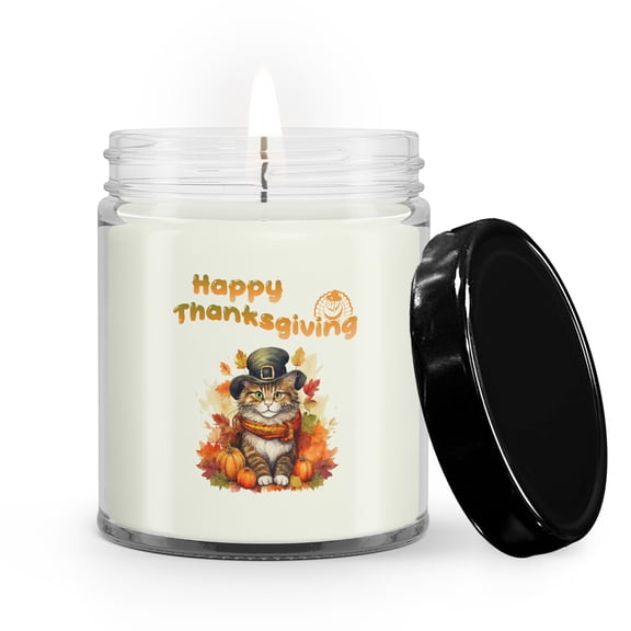 Happy Thanksgiving Maine Coon Welcome Thankful Fall Autumn Pumpkin Soy Wax Candle Cat Lover Kitten Owner Gifts 9oz White Birch & Black Pepper Candle - 02021