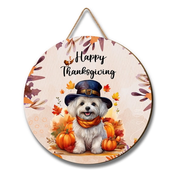 Happy Thanksgiving Maltese Welcome Thankful Fall Autumn Pumpkin Round Wood Sign Maltese Dog Lover Gifts Idea Hanging Wall Home Decor - 02021