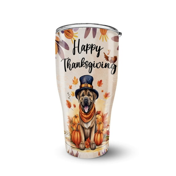 Happy Thanksgiving Mastiff Welcome Thankful Fall Autumn Pumpkin 30oz Stainless Steel Tumbler Insulated Cup with Lid Mastiffs Dog Lover Gifts Idea - 02021