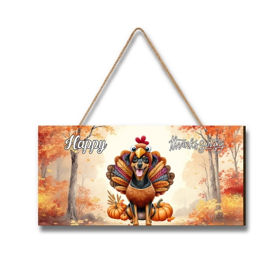 Happy Thanksgiving Miniature Pinscher Turkey Costume Pumpkins Autumn Leaves Landscape Wood Sign Mini Pin Dog Lover Hanging Wall Home Decor - 130144
